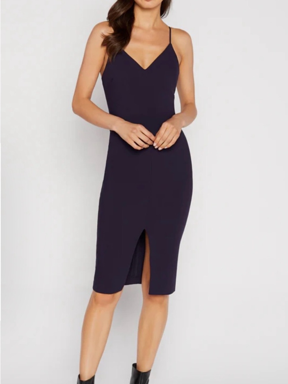 Likely Navy Spaghetti Strap V-Neck Midi Dress with Front Slit